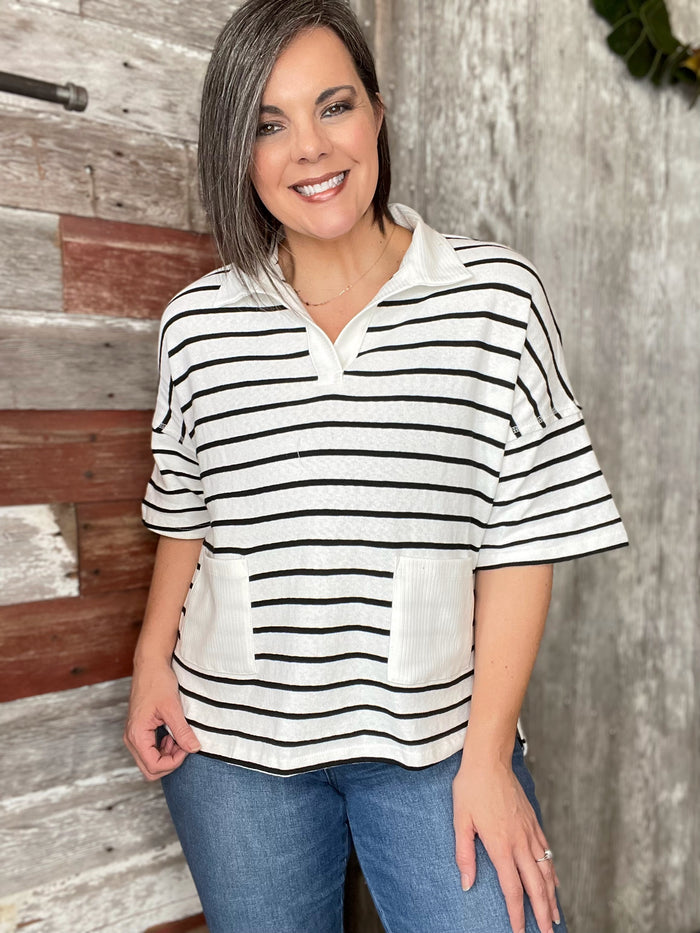 Black and White Striped Pocket Top