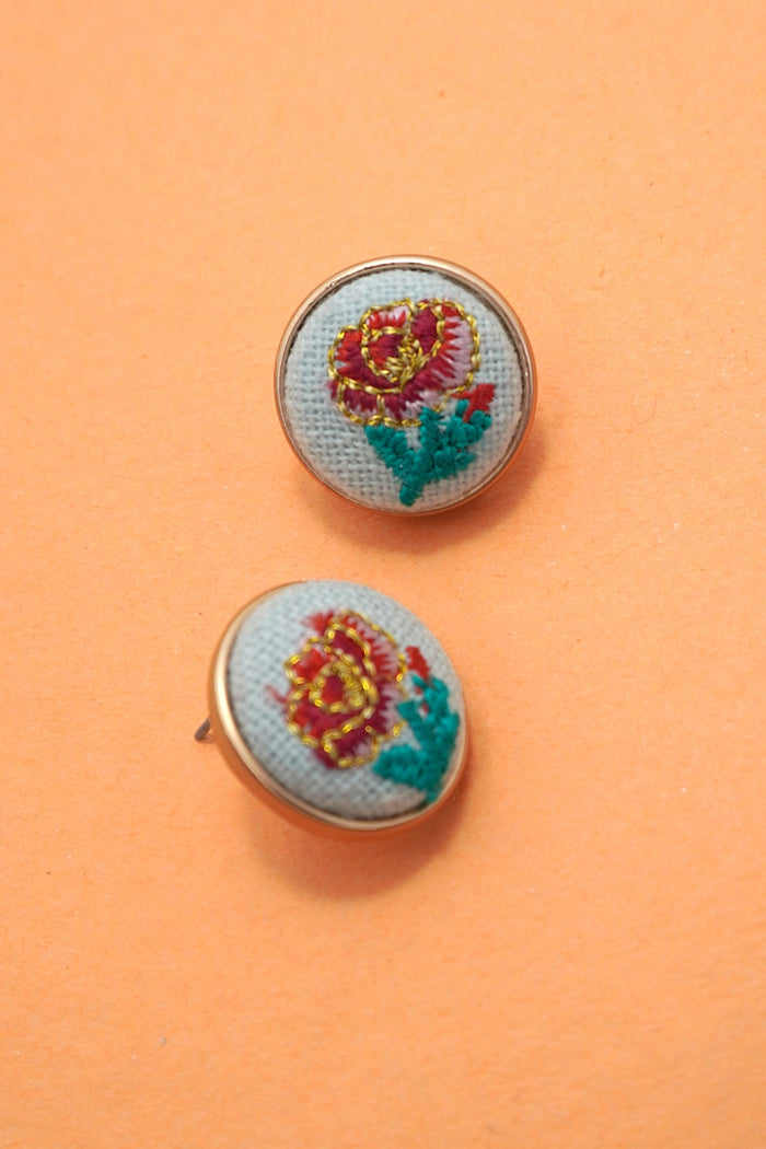 Blue Embroidered Floral Stud Earring