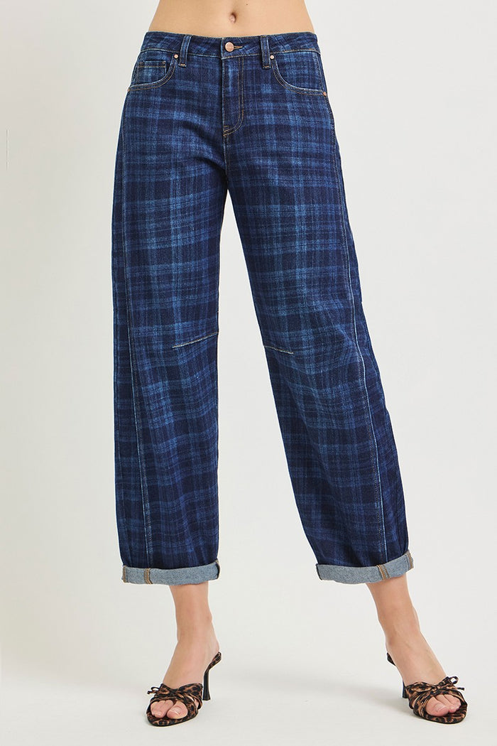 Risen Barrel Plaid Jeans