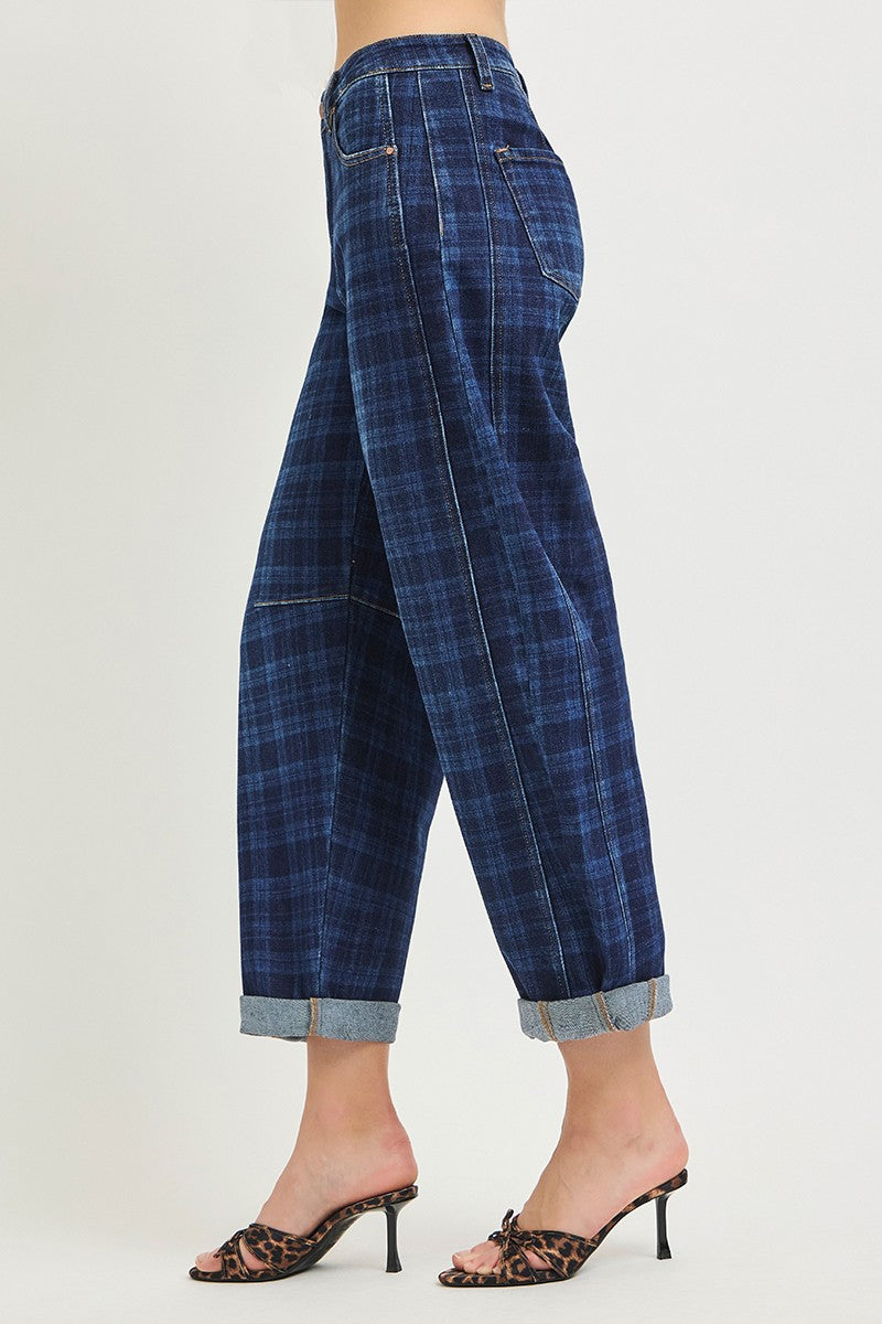 Risen Barrel Plaid Jeans