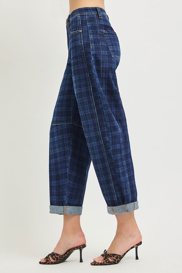 Risen Barrel Plaid Jeans