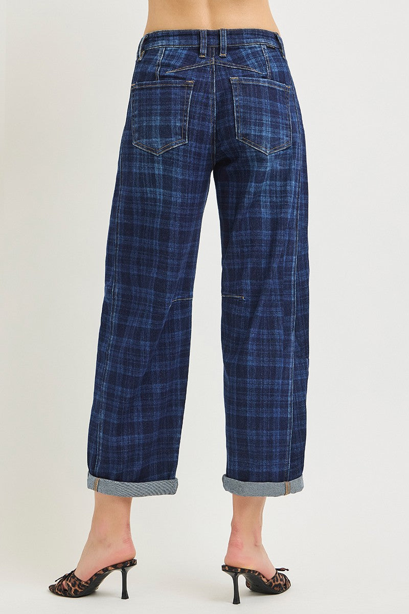 Risen Barrel Plaid Jeans