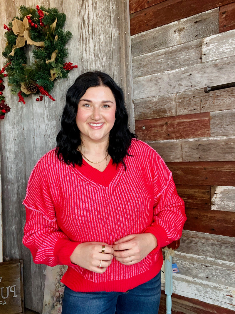 Red Oversized V Neck Sweater
