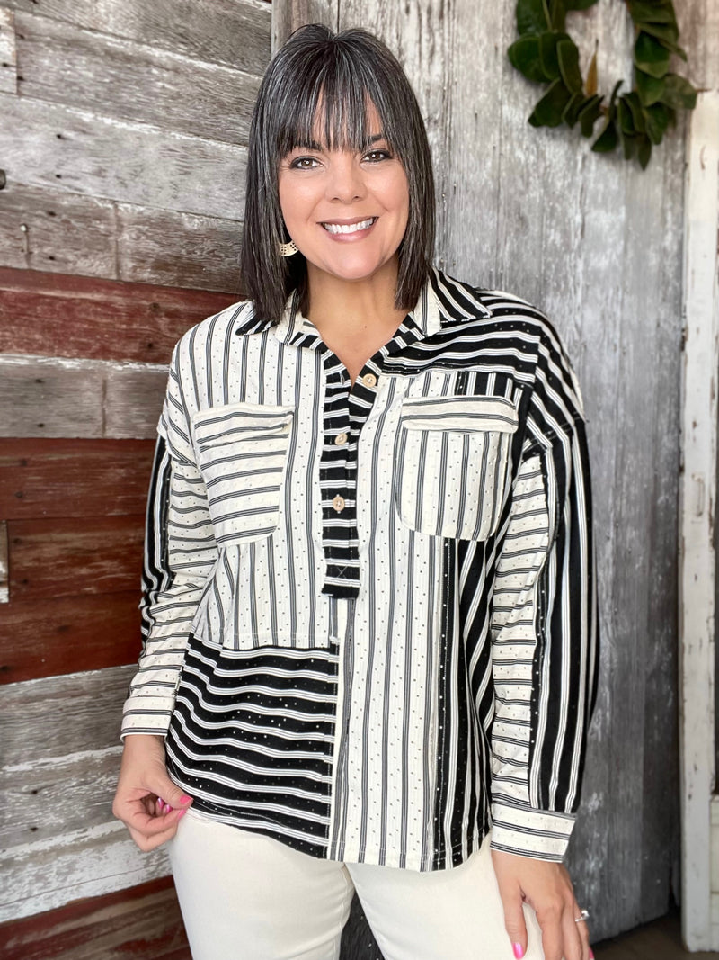 Black Striped Collared Top