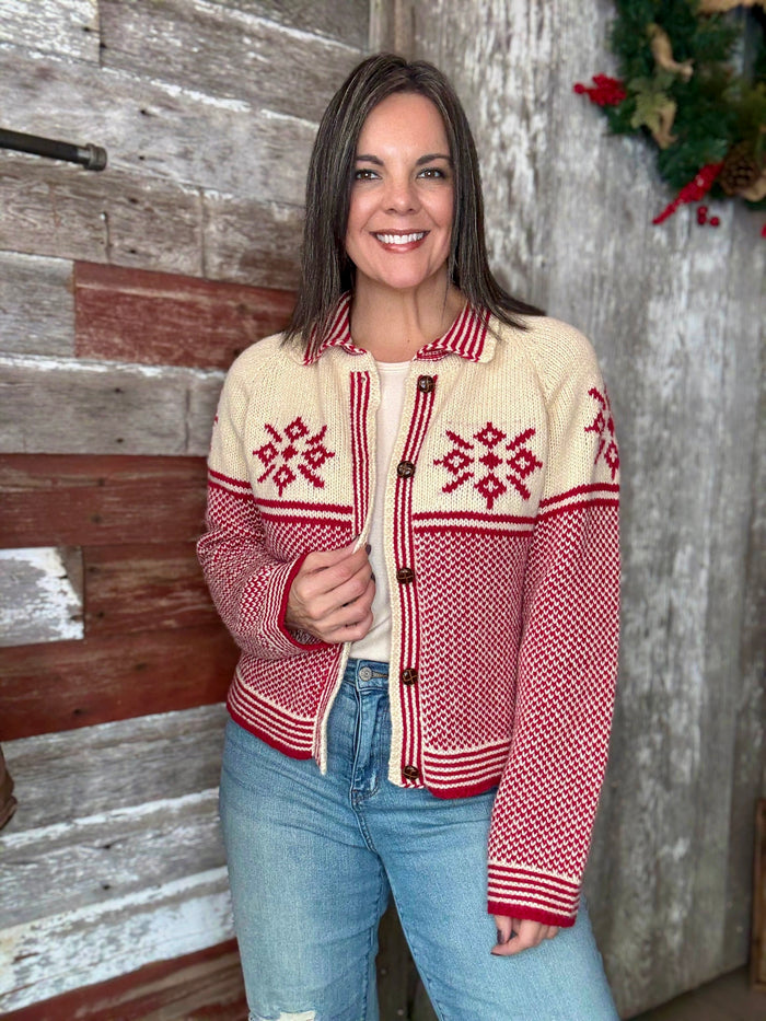 Winter Red Button Up Sweater