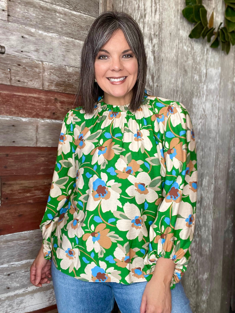 Kelly Green Floral Blouse