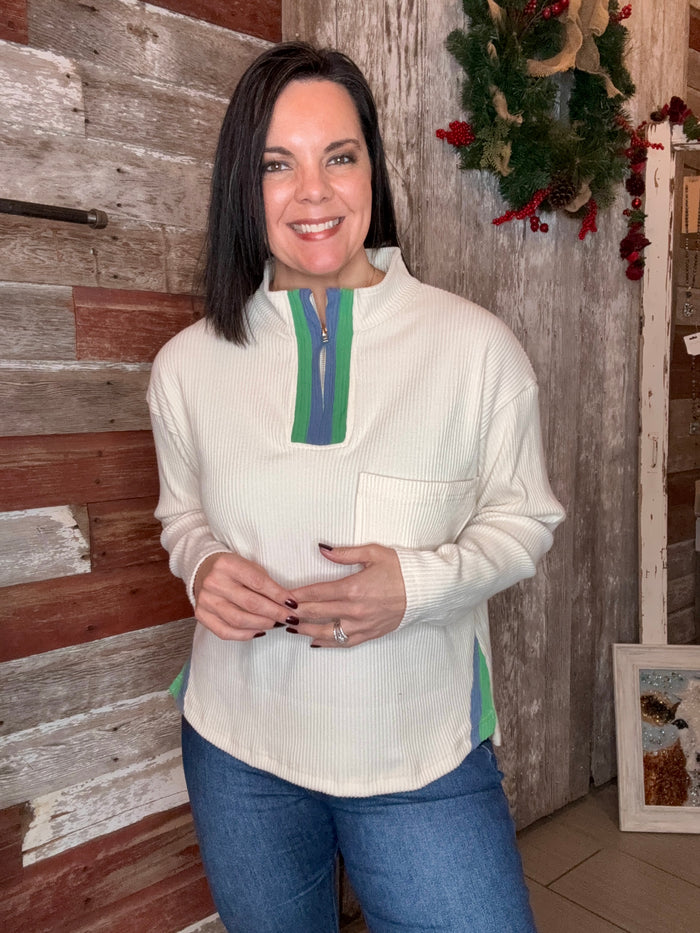 Cream Ribbed Zip Pullover