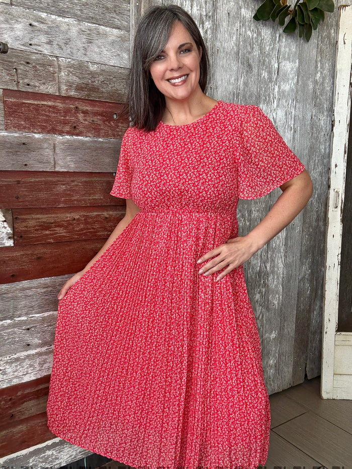 Red Ditsy Floral Midi Dress