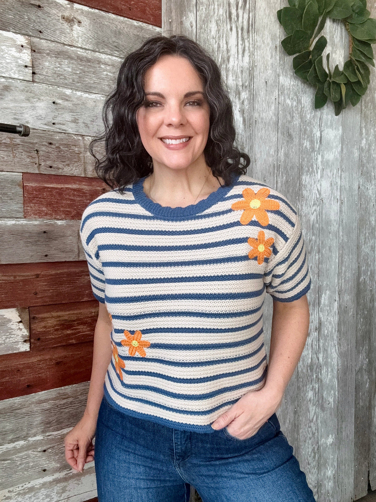 Orange Floral Embroidered Top