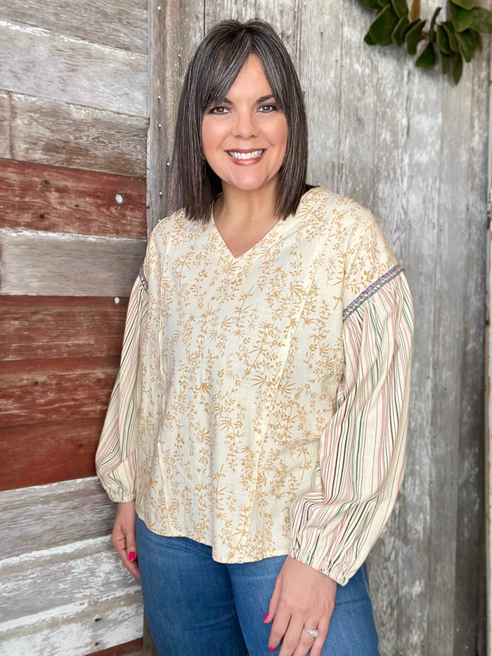 Caramel Floral Striped Sleeve Top