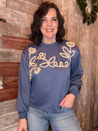 Slate Blue Floral Embroidery Top