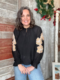 Black Embroidered Peasant Blouse