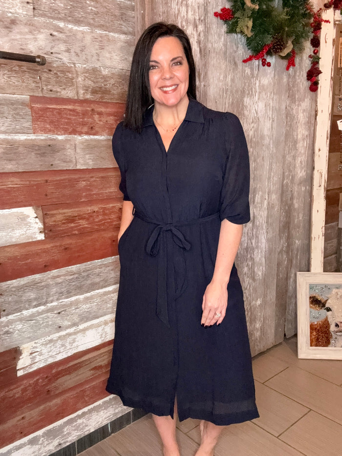 Navy Button Down Midi Dress
