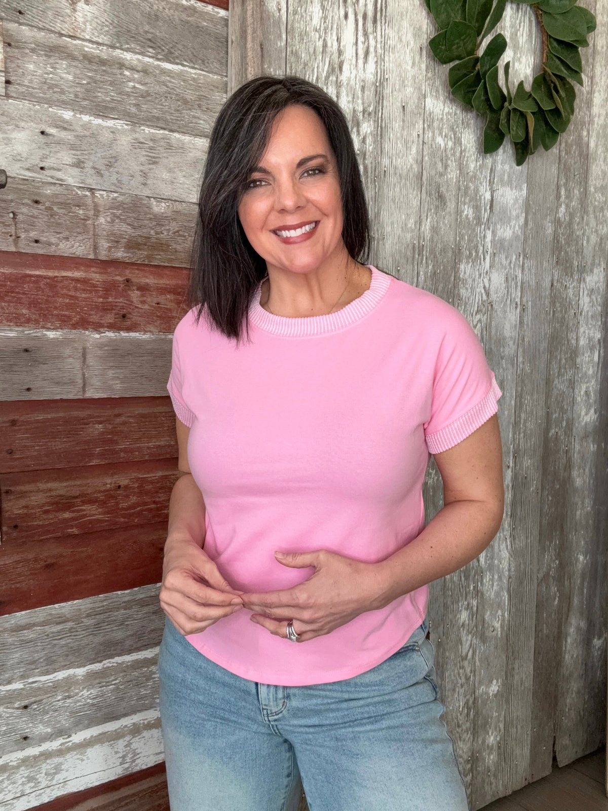 Bubble Gum Ribbed Trim Top