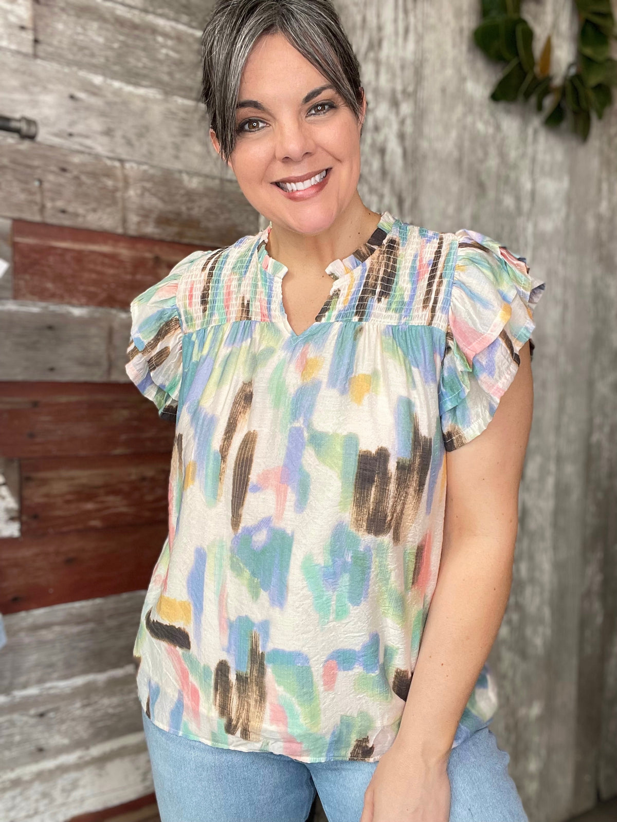 Blue Abstract Watercolor Blouse