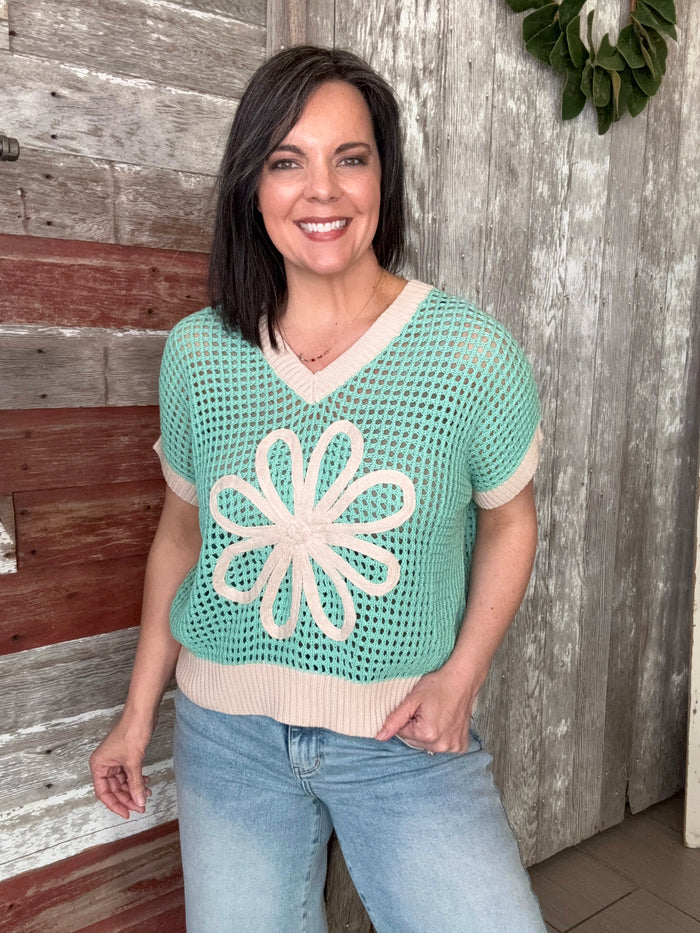 Mint Daisy Patch Loose Knit Top