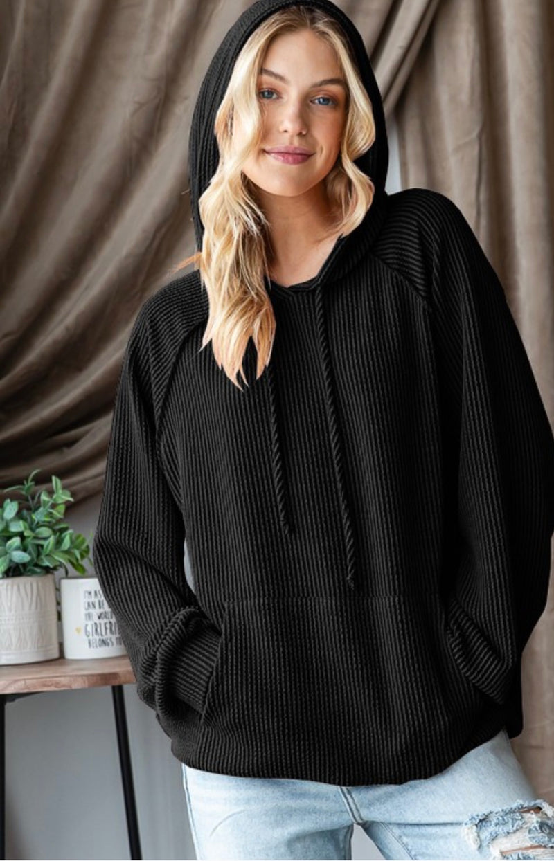 Ribbed Puff Sleeve Hoodie Top