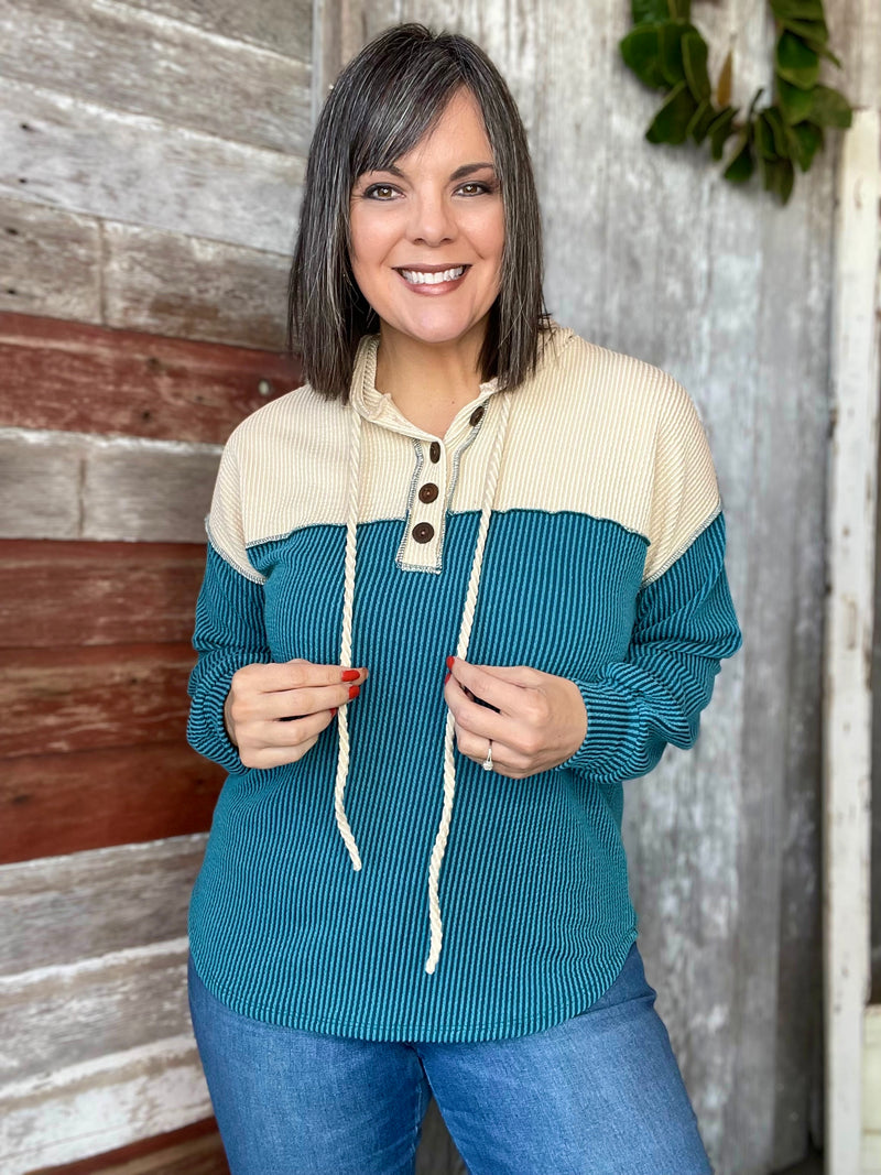 Teal Ribbed Hoodie