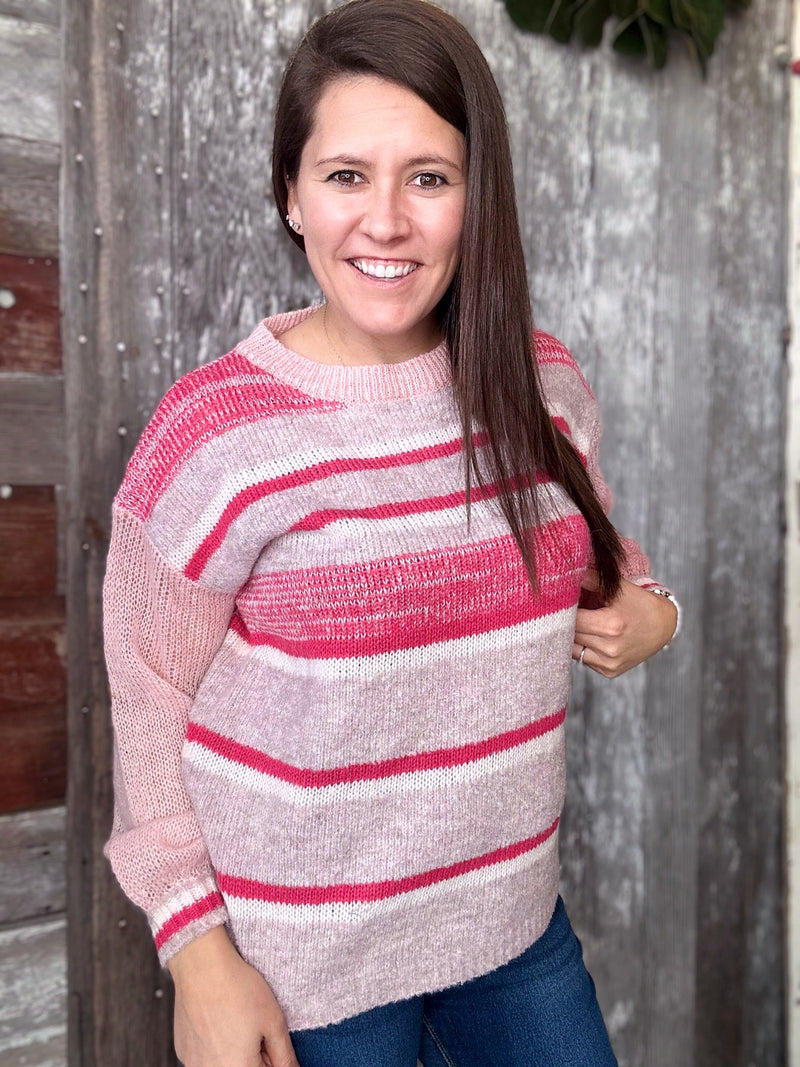 Pink and Coral Striped Pullover Sweater