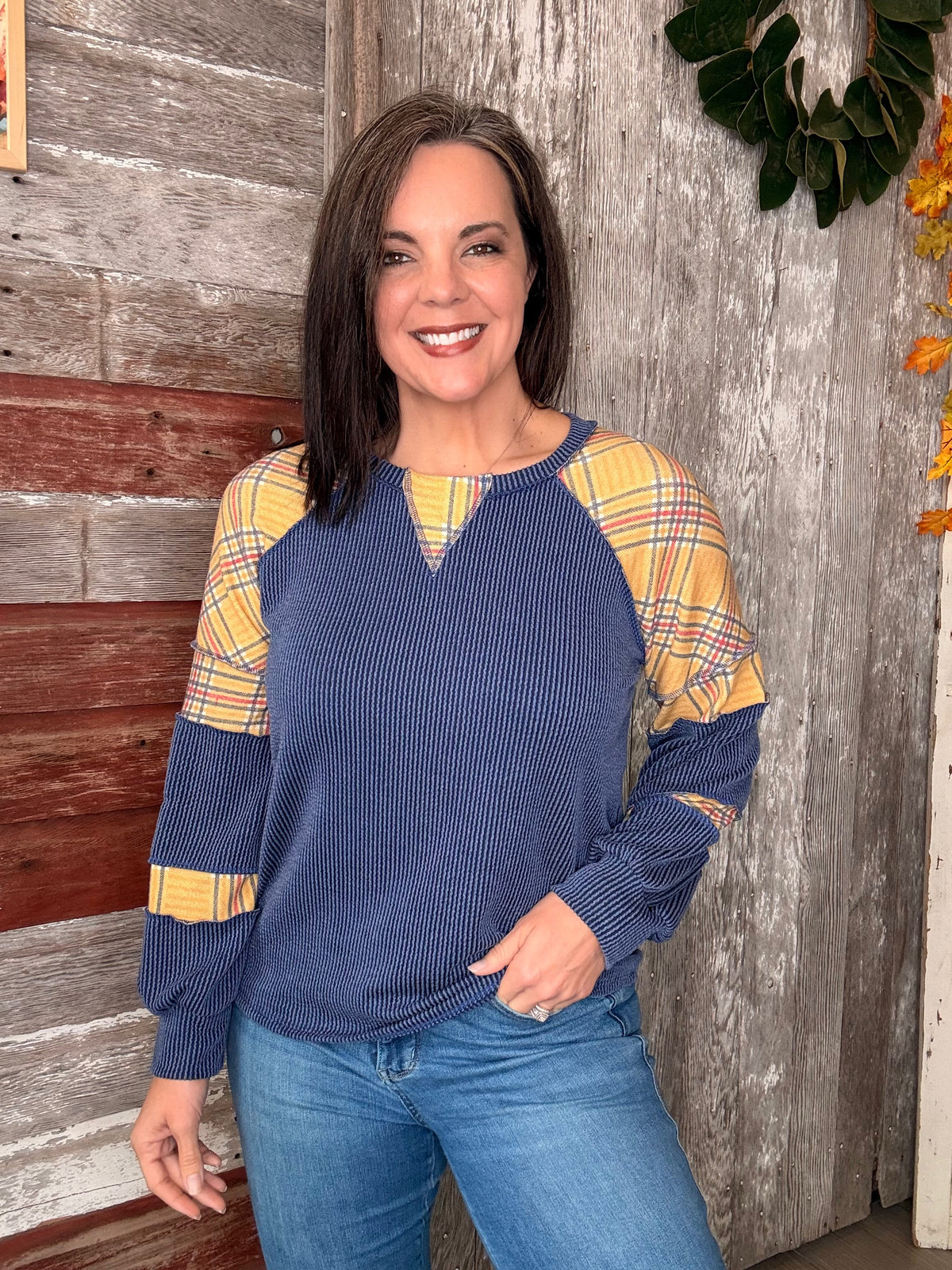 Navy Plaid Ribbed Top