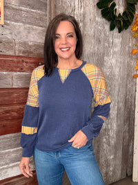 Navy Plaid Ribbed Top