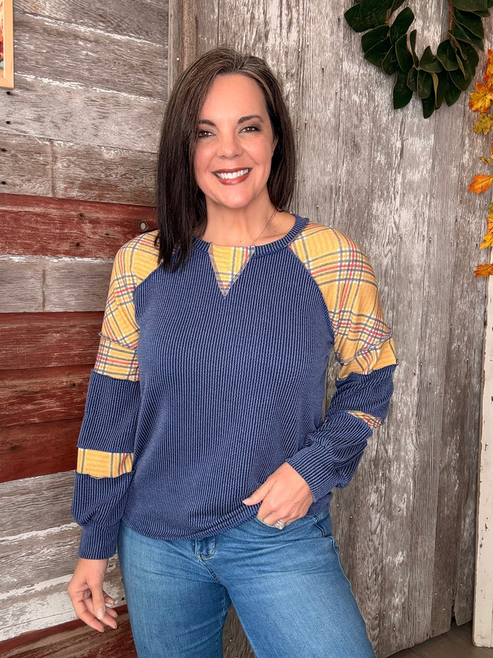 Navy Plaid Ribbed Top