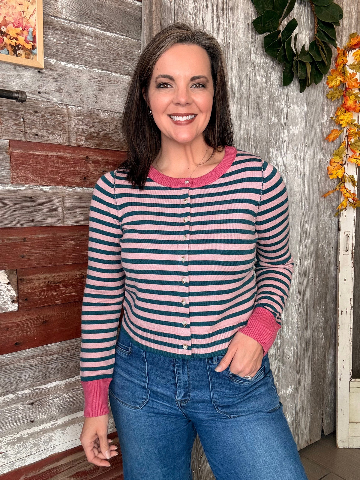 Forest Green Striped Cardigan