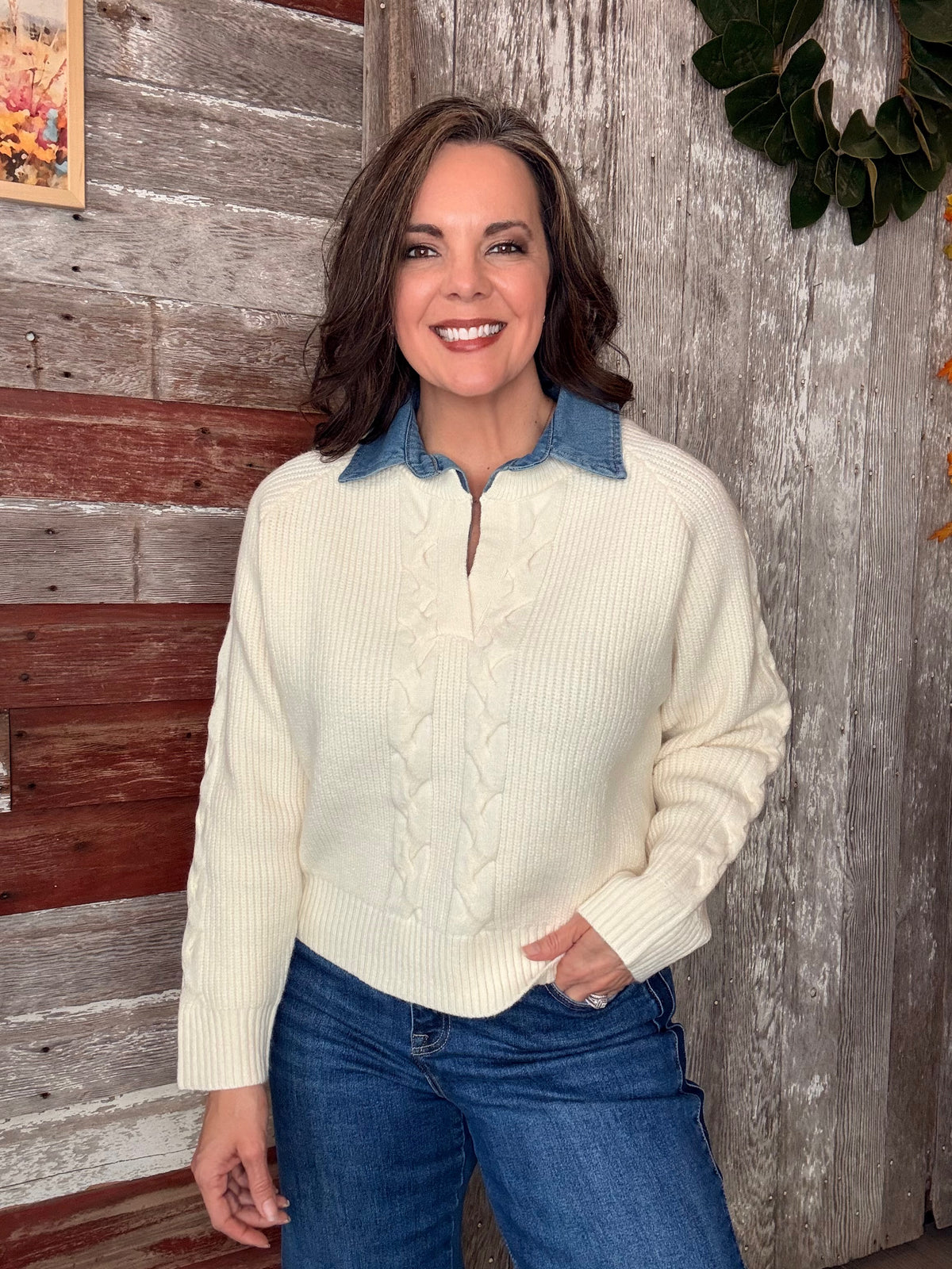 Denim Collared Cable Knit Sweater
