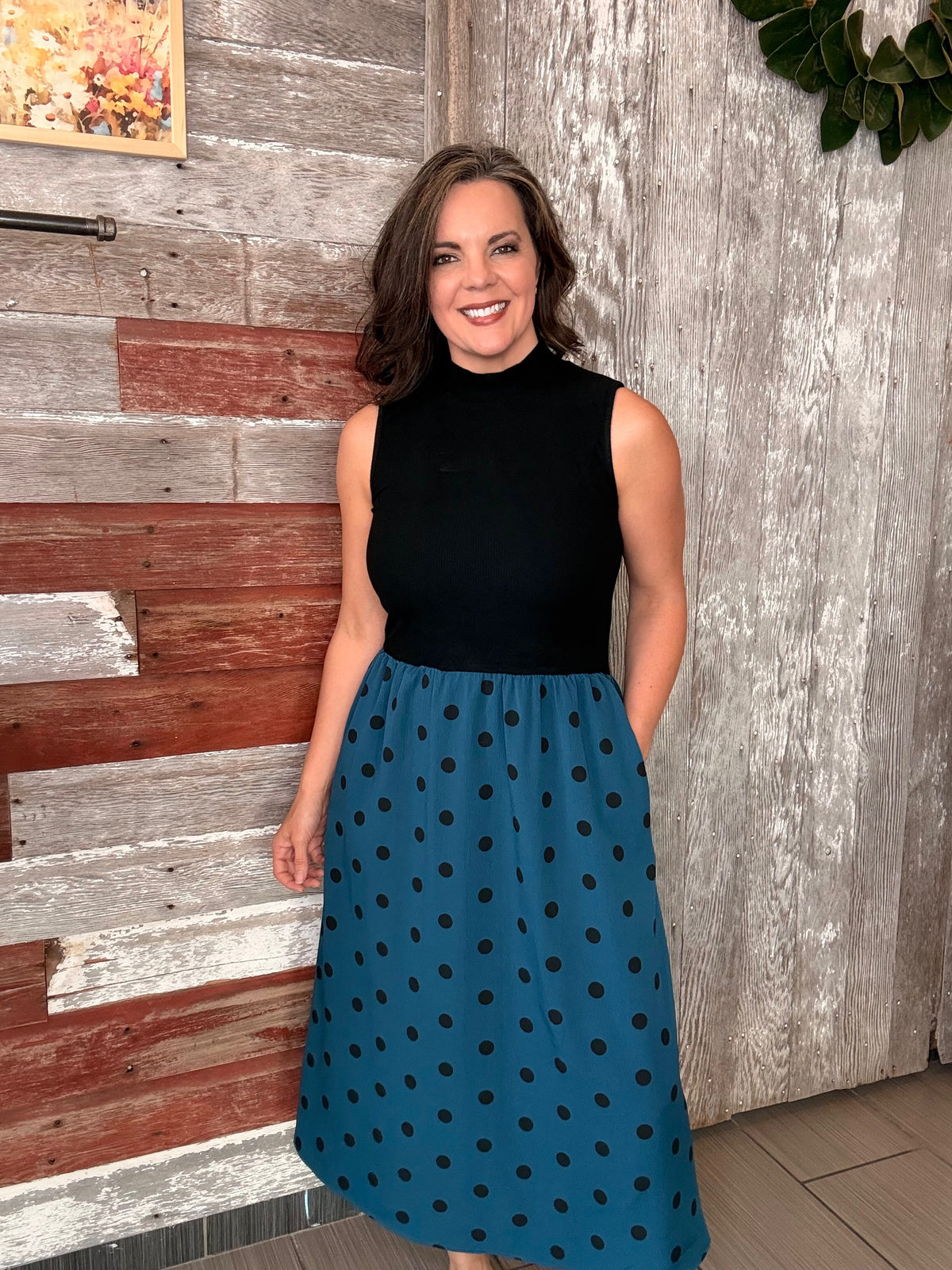 Teal Polka Dot Mock Neck Dress