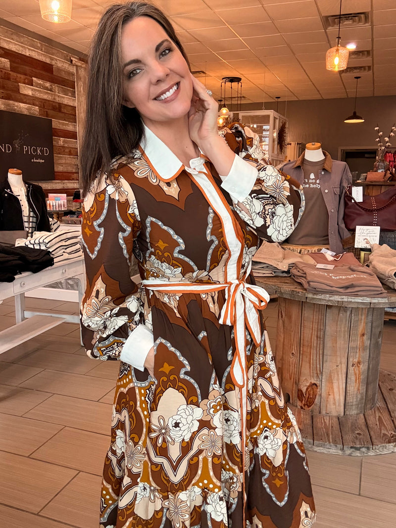 Mocha Retro Printed Midi Dress