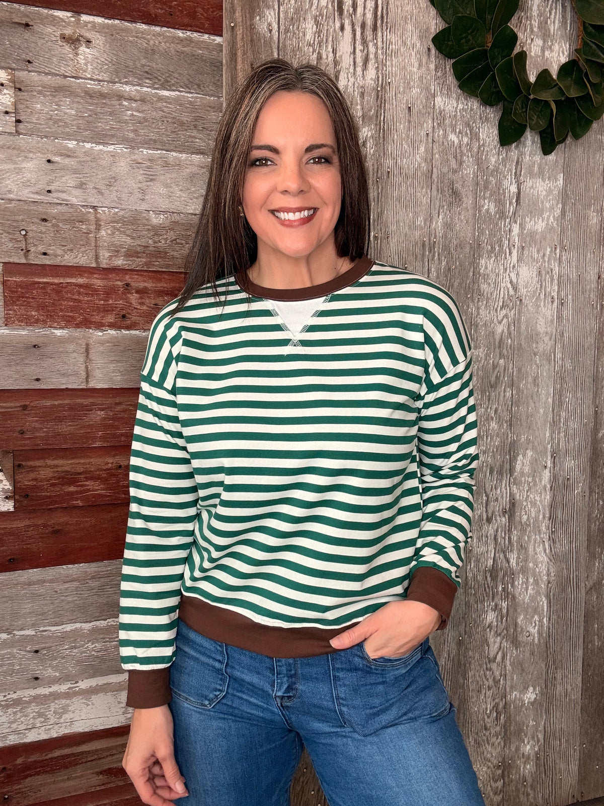 Hunter Green Striped Long Sleeve Top