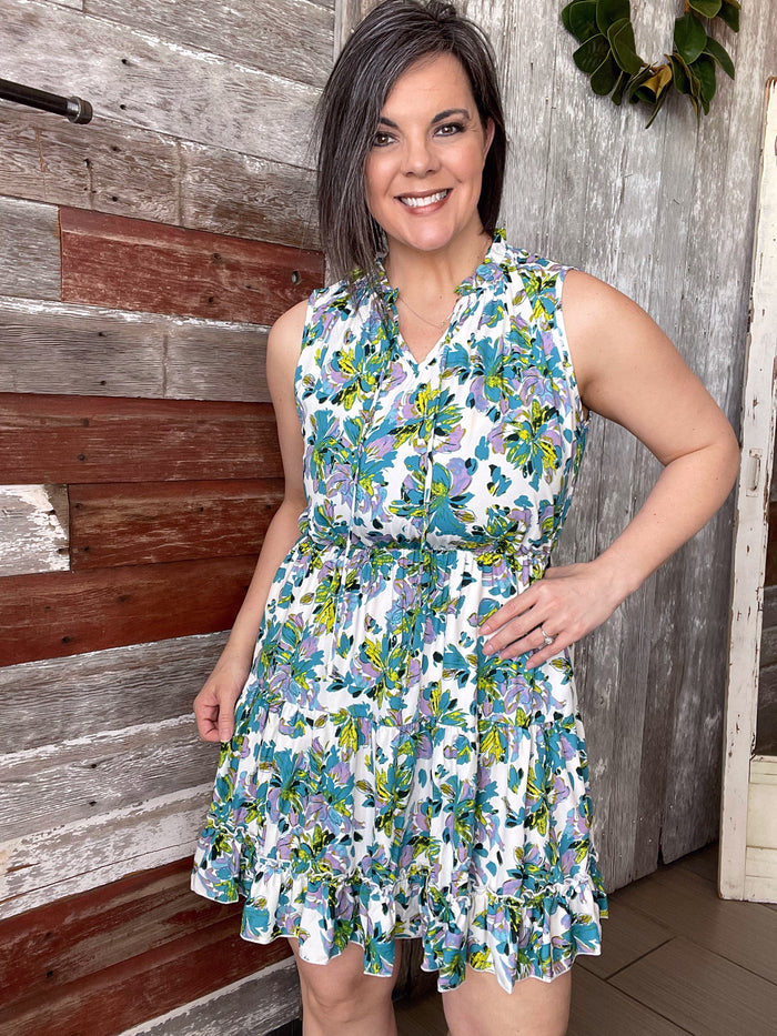 Teal Floral Tiered Dress
