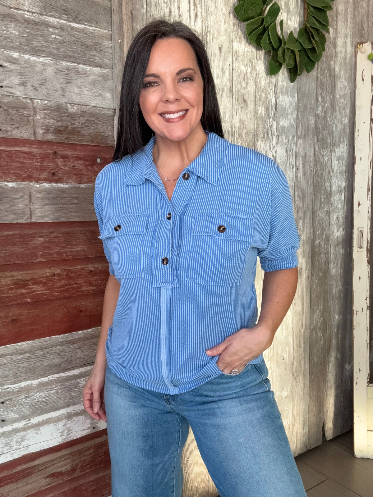 Denim Ribbed Double Pocket Pullover