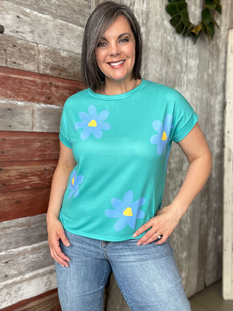 Turquoise Floral Print Top