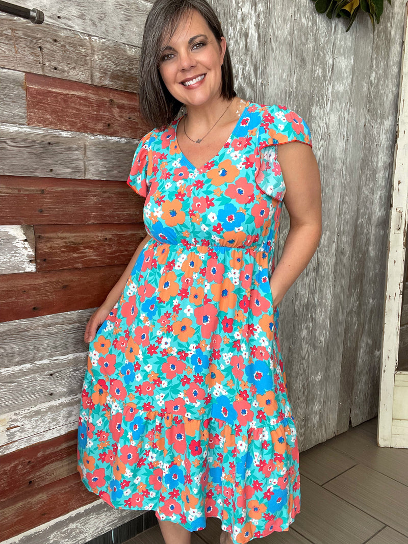 Aqua Floral Tiered Midi Dress