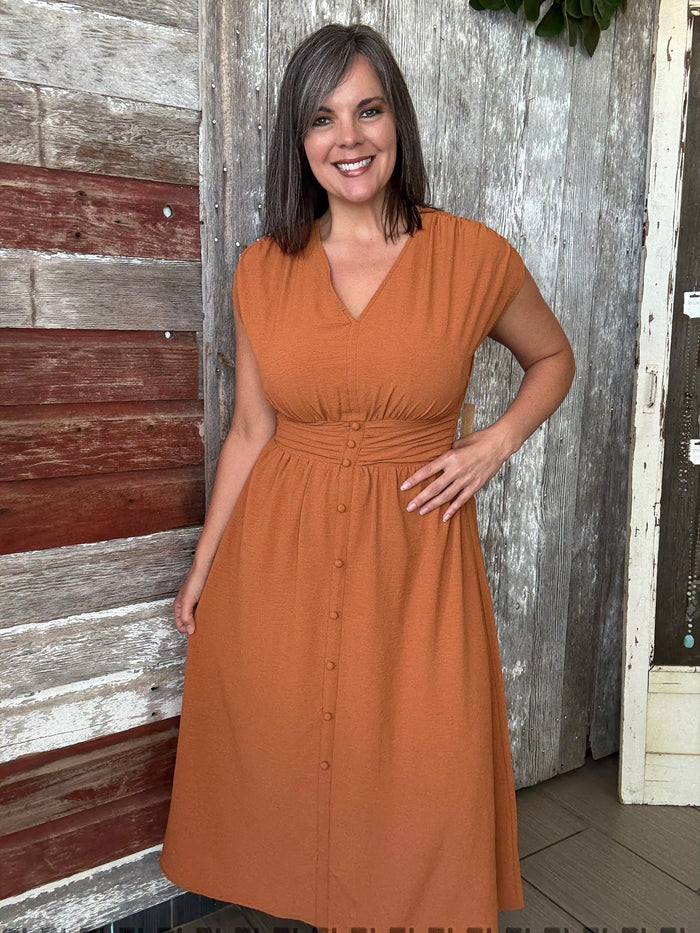 Camel Button Down Midi Dress