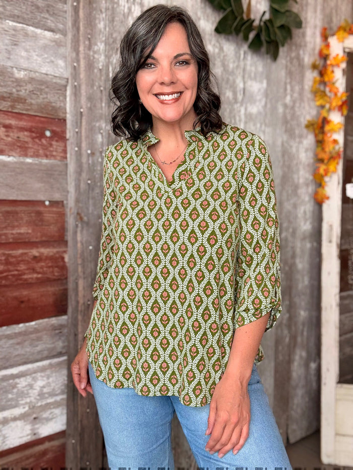 Olive and Ivory Floral Blouse