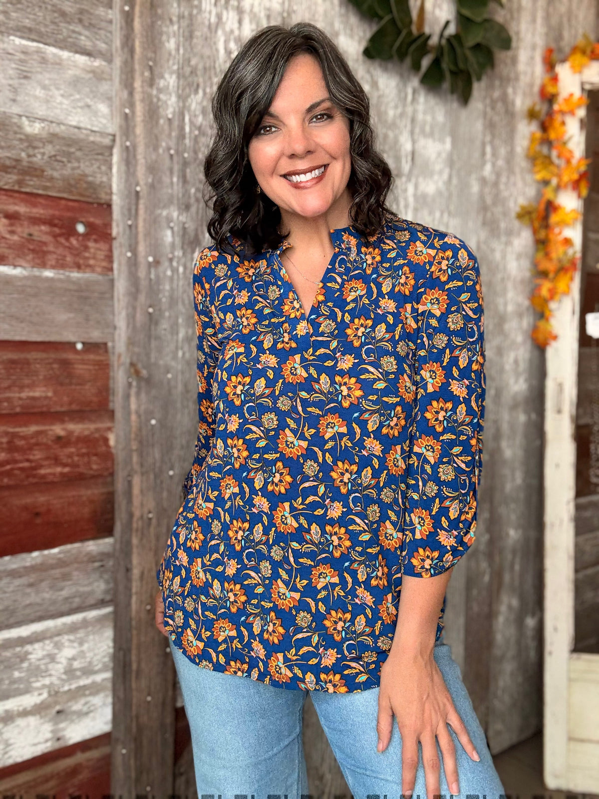 Navy Sunset Floral Blouse