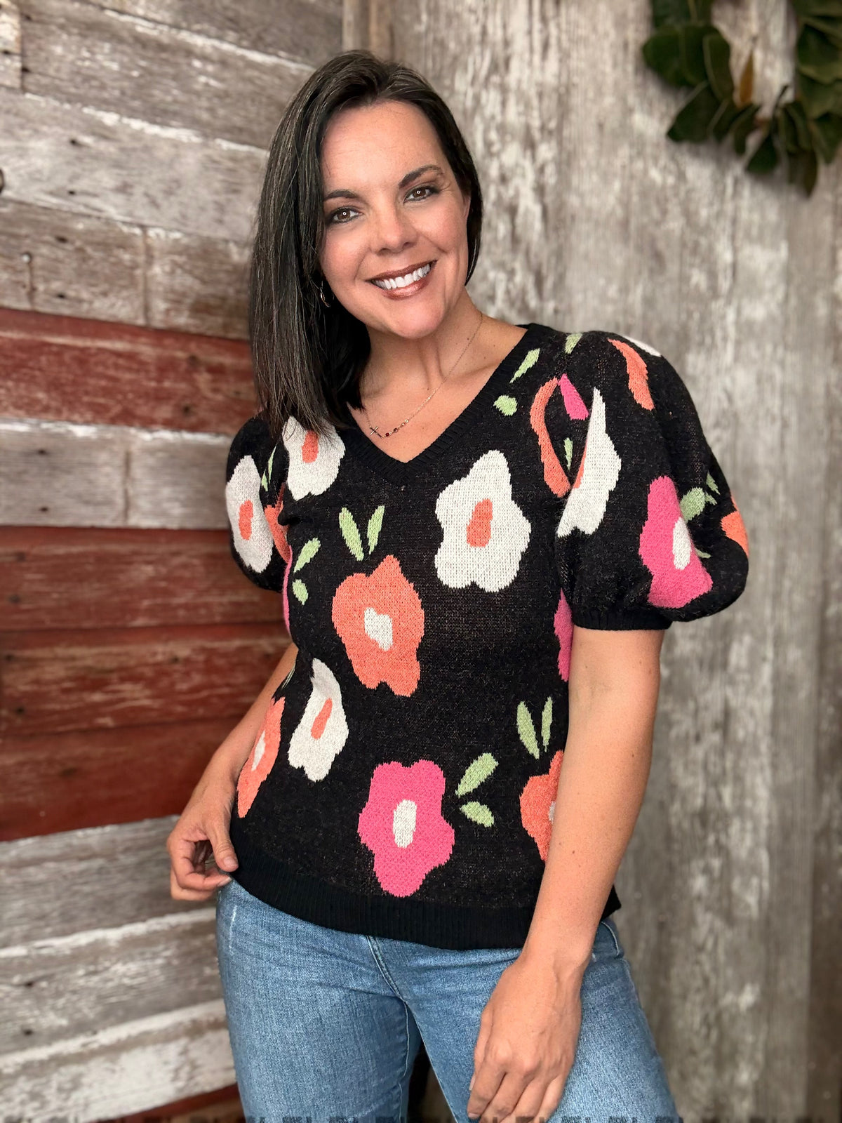 Black Floral V Neck Sweater