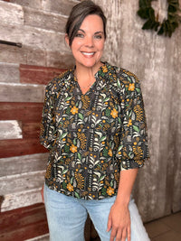 Black Floral Scalloped Hem Blouse