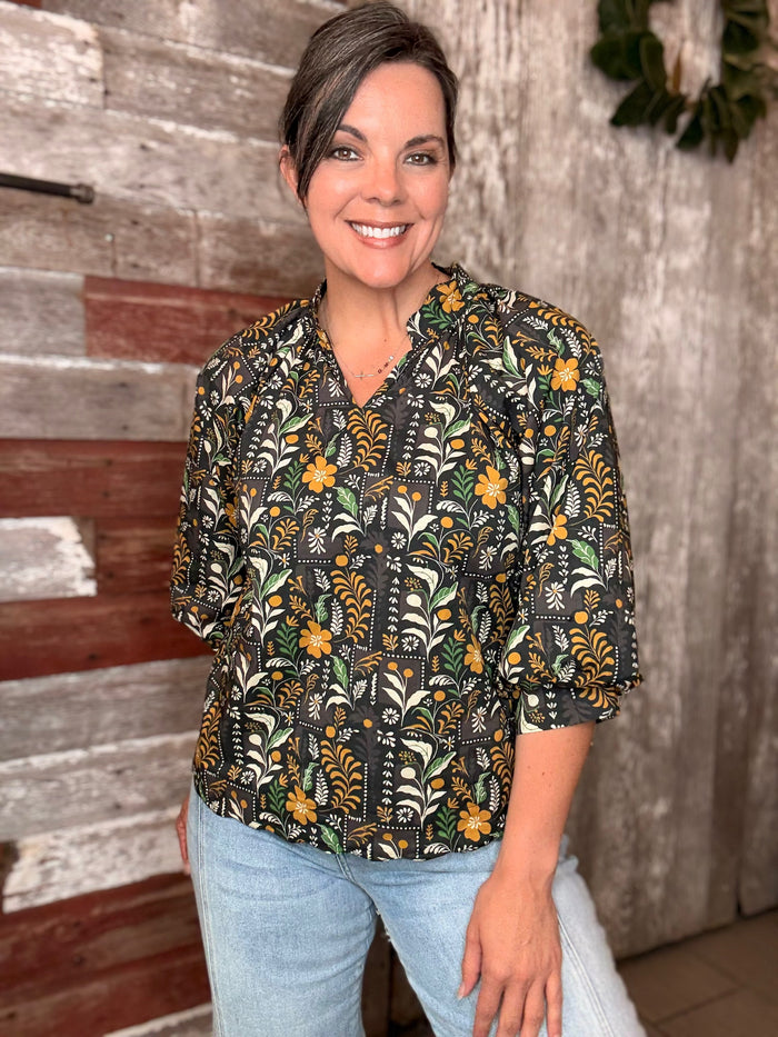 Black Floral Scalloped Hem Blouse