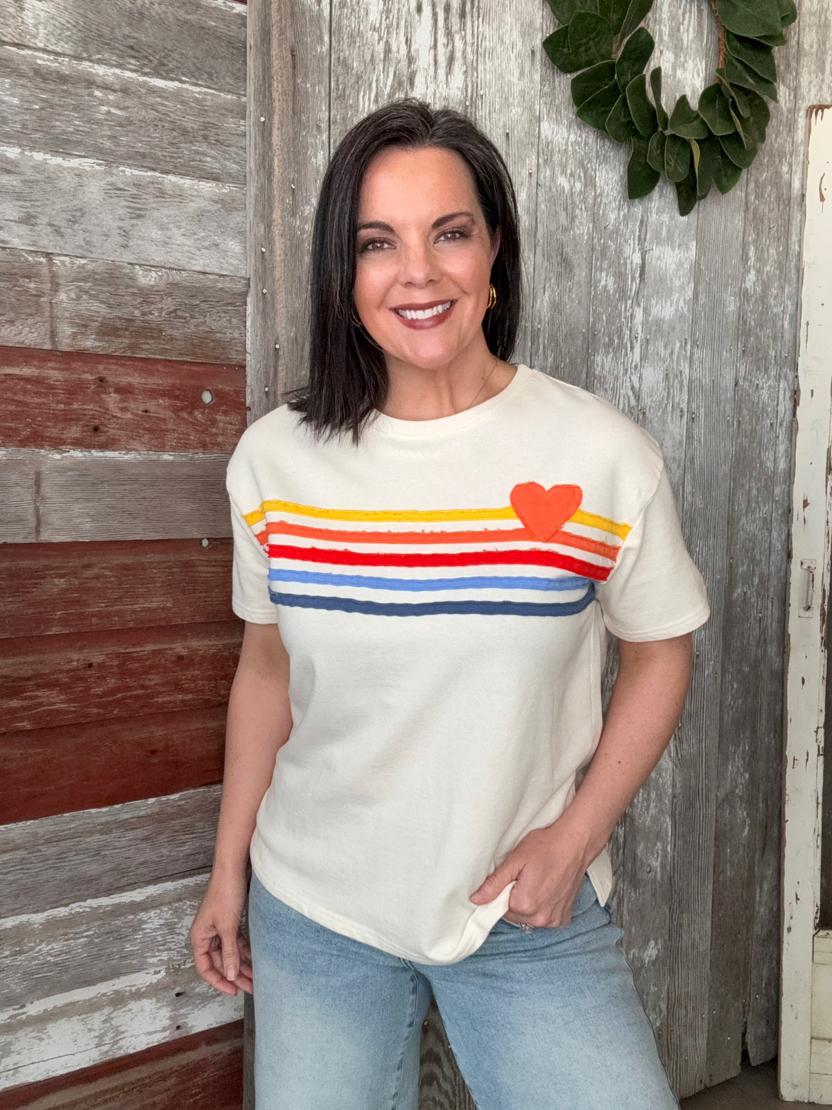 Cream Rainbow Striped Tee
