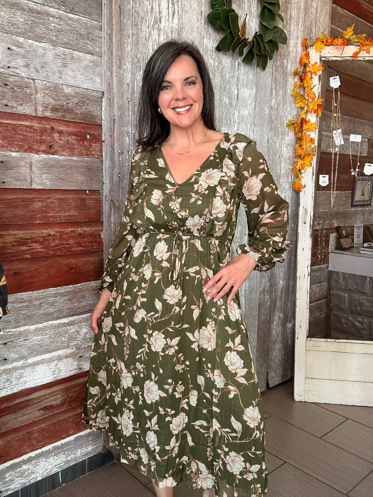 olive floral midi dress Light Olive Wavy Floral Smocked Midi Dress Jean Marie's
