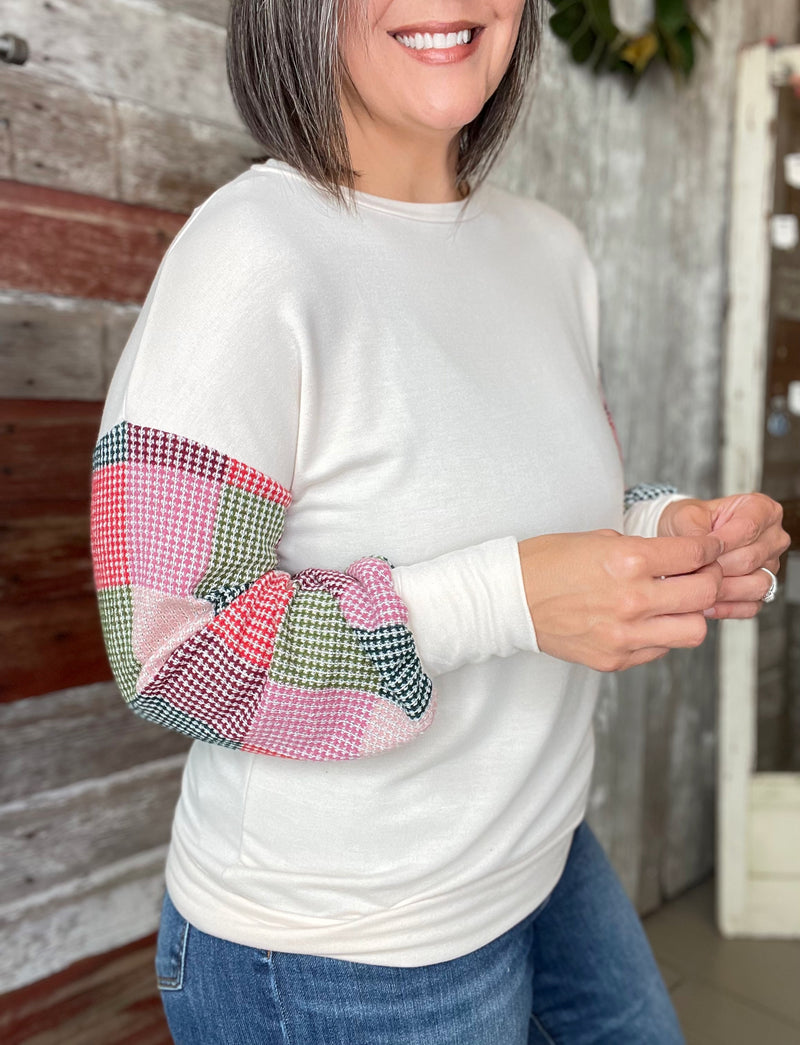 Cream Checkered Sleeve Top