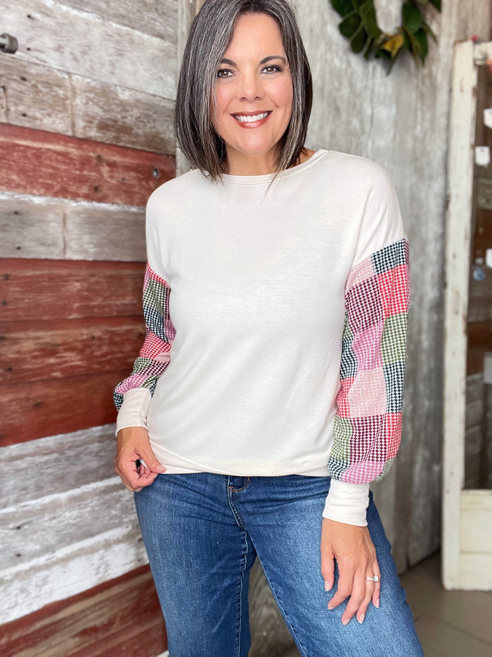 Cream Checkered Sleeve Top