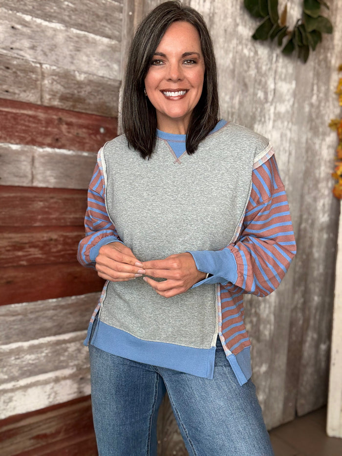 Heather Grey Striped Sleeve Top