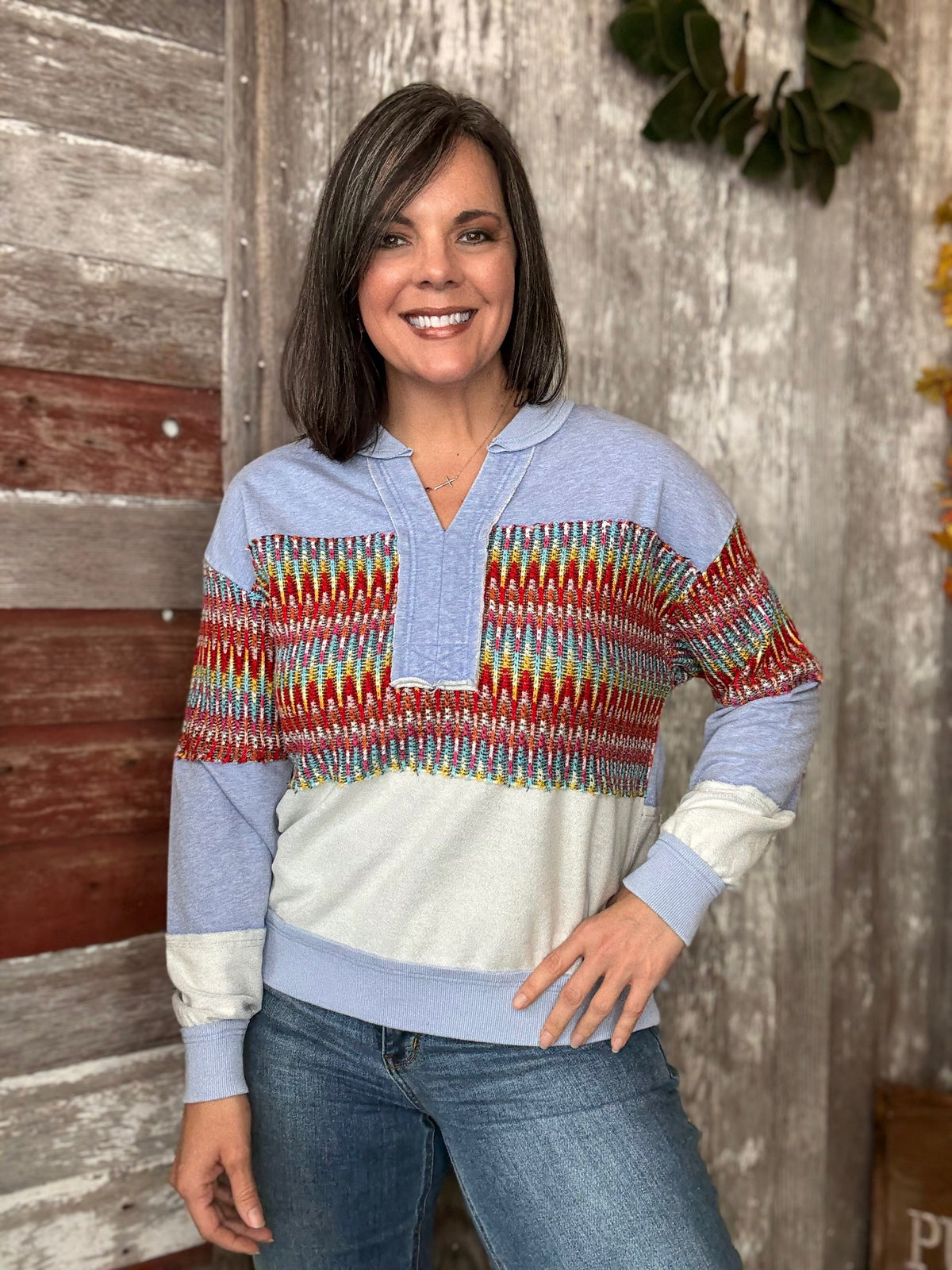 Washed Denim Crochet Pullover