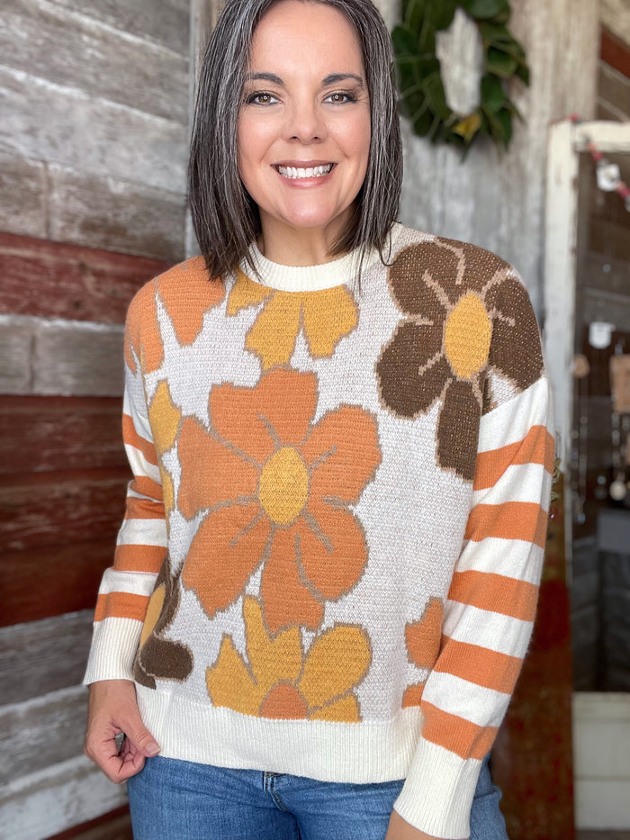 Vintage Floral Sweater with Stripe Details