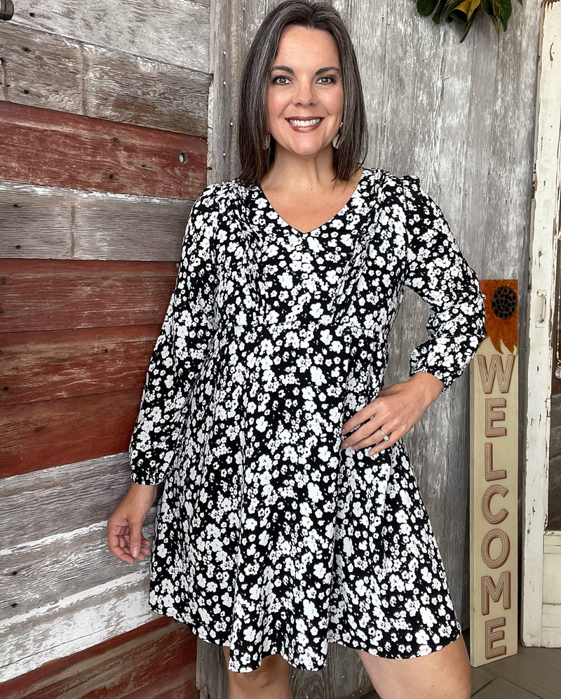 Black and White Floral Long Sleeve Dress