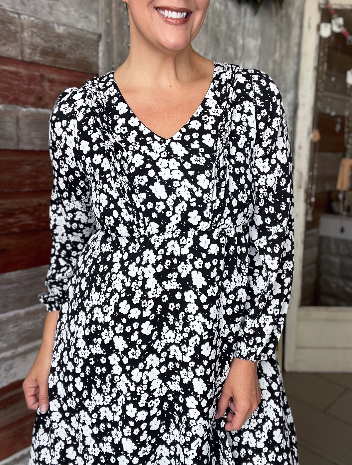 Black and White Floral Long Sleeve Dress